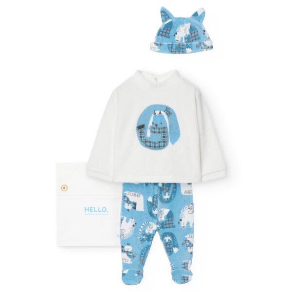 Conjunto terciopelo niño gatos celeste